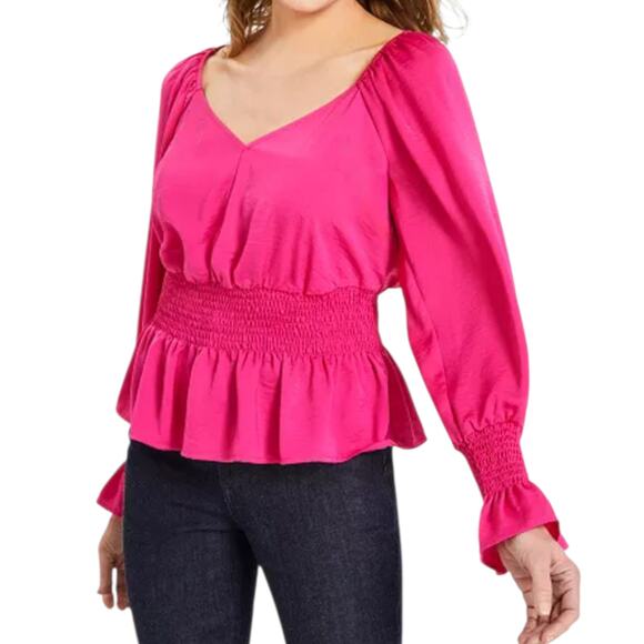 NEW INC Smocked Boho Peplum Blouse Top XL VNeck Pink Dressy Event Fairy Romantic - Picture 1 of 8